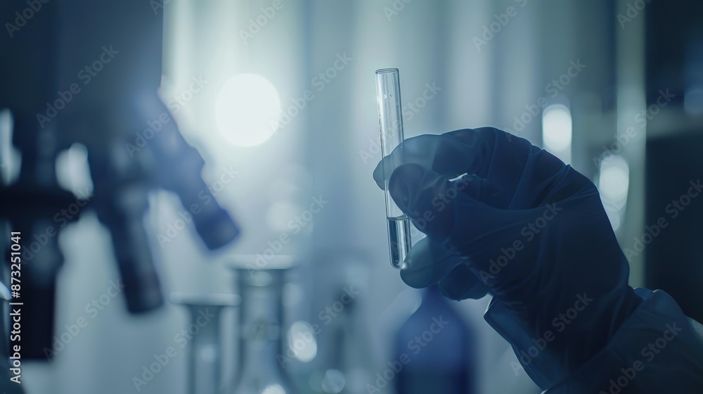 Very close shot of a hand in a sterilized glove holding a test tube, blurry lab background, low light, illustration background Very close shot of a hand in a sterilized glove holding a test tube, blurry lab background, low light, illustration background