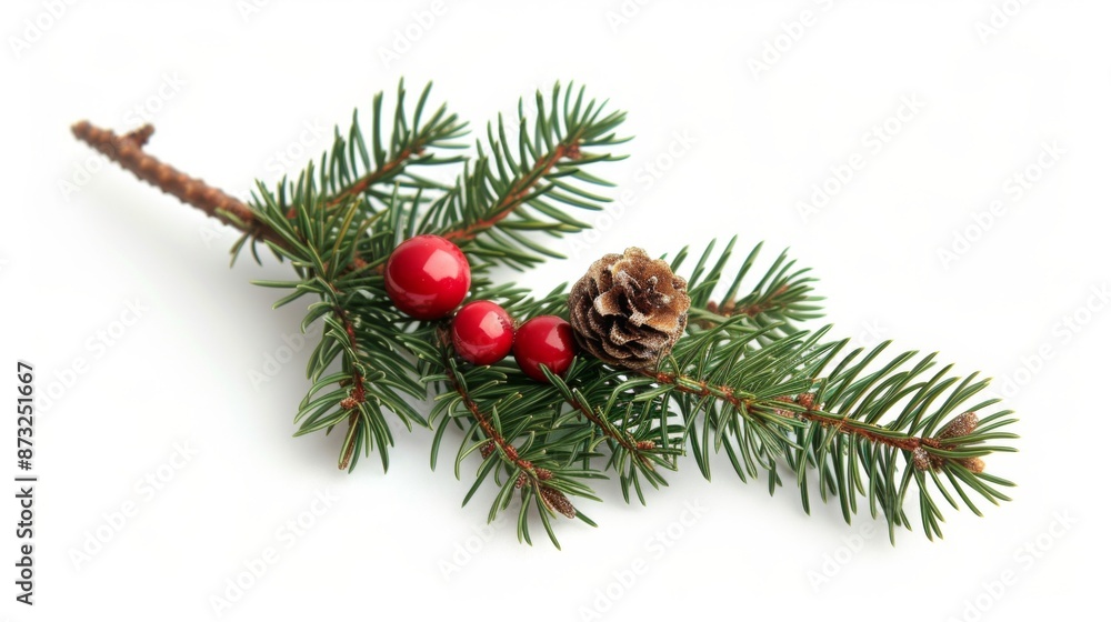 Christmas tree branch adorned with decorations, isolated on a white background Christmas tree branch adorned with decorations, isolated on a white background