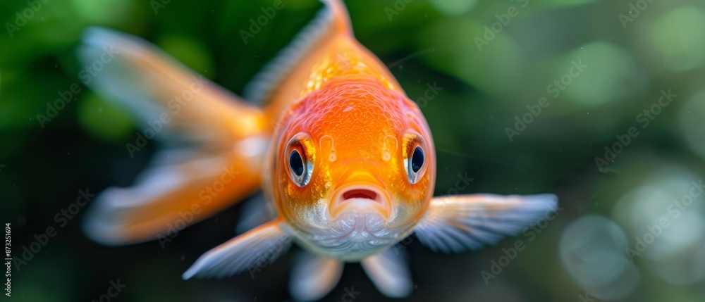 A goldfish with a shocked expression, set against a backdrop of vibrant green leaves A goldfish with a shocked expression, set against a backdrop of vibrant green leaves