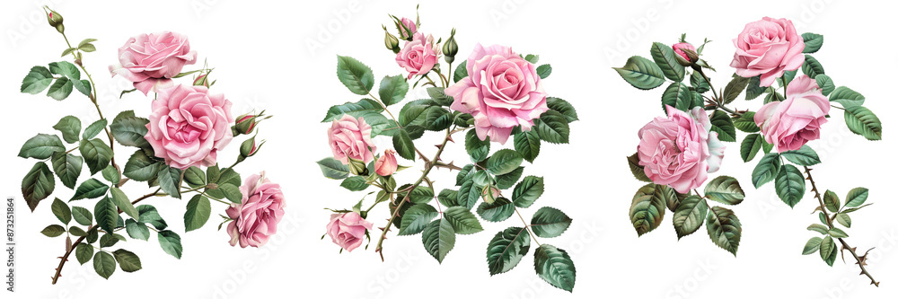 Fototapeta premium Set of A bouquet of pink roses arranged beautifully with green leaves isolated on a transparent background