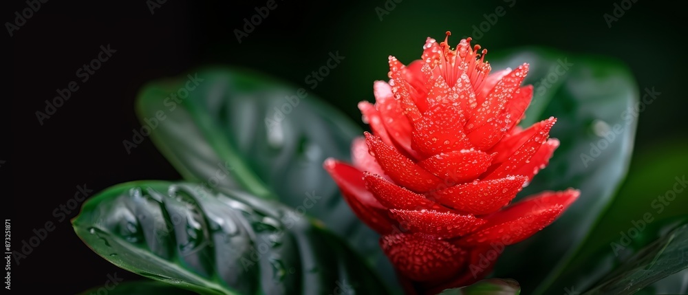 A red flower, tightly framed, blooms amidst green foliage Dewdrops glisten on its petals A red flower, tightly framed, blooms amidst green foliage Dewdrops glisten on its petals