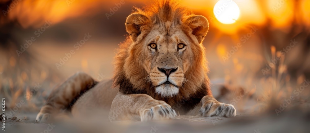A tight shot of a lion reclining on the ground against a sun-splashed backdrop, the scene softly blurred behind A tight shot of a lion reclining on the ground against a sun-splashed backdrop, the scene softly blurred behind