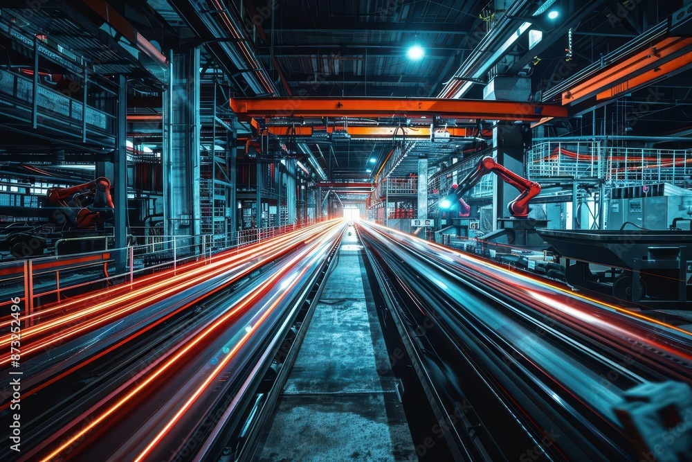 hightech warehouse interior with streaks of light from robotic arms and conveyor belts creating a futuristic ballet of efficiency and automation hightech warehouse interior with streaks of light from robotic arms and conveyor belts creating a futuristic ballet of efficiency and automation