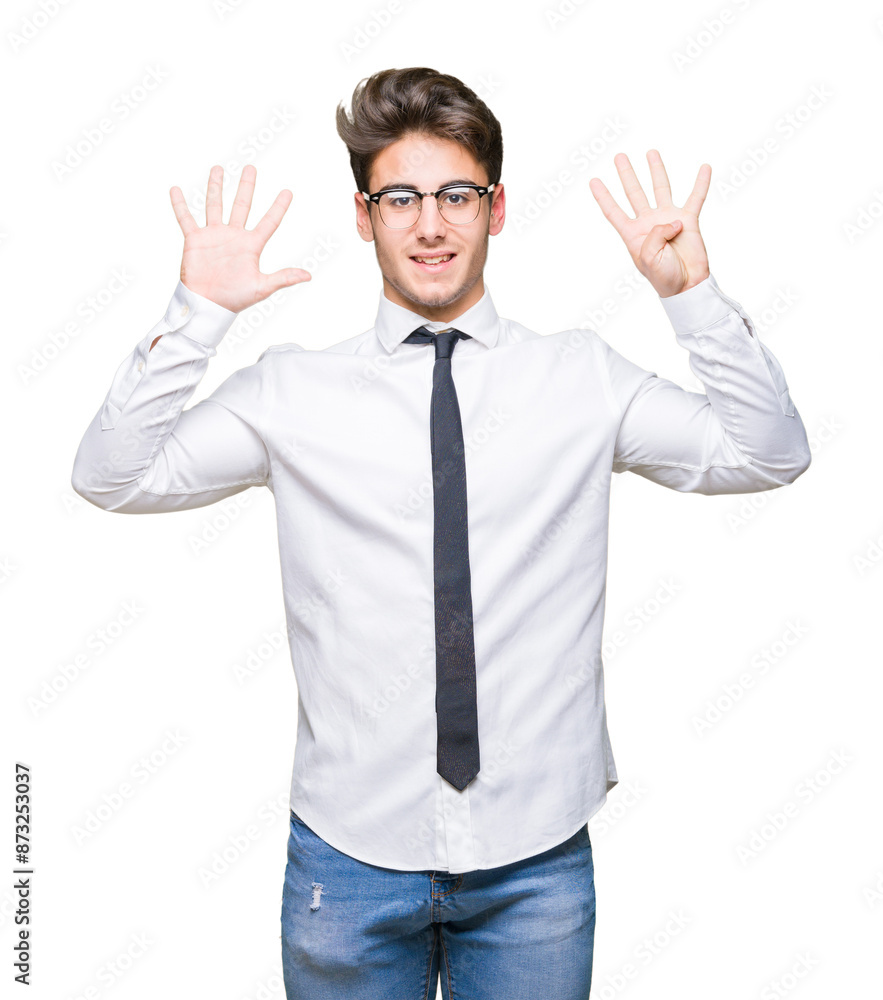 Young business man wearing glasses over isolated background showing and pointing up with fingers number nine while smiling confident and happy. Young business man wearing glasses over isolated background showing and pointing up with fingers number nine while smiling confident and happy.