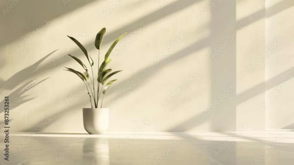 Minimalist interior with a potted plant casting shadows on a sunlit wall. Bright and serene space. Ideal for concepts of simplicity and modern home decor
Minimalist interior with a potted plant casting shadows on a sunlit wall. Bright and serene space. Ideal for concepts of simplicity and modern home decor