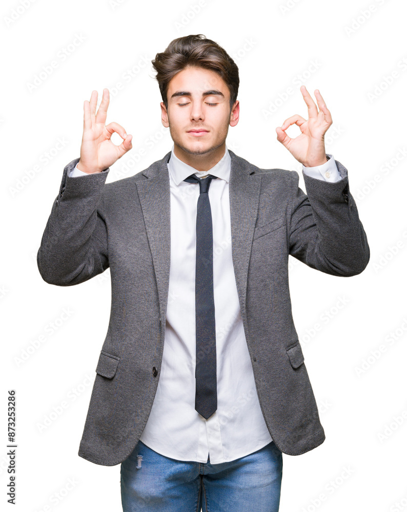 Young business man wearing suit and tie over isolated background relax and smiling with eyes closed doing meditation gesture with fingers. Yoga concept. Young business man wearing suit and tie over isolated background relax and smiling with eyes closed doing meditation gesture with fingers. Yoga concept.