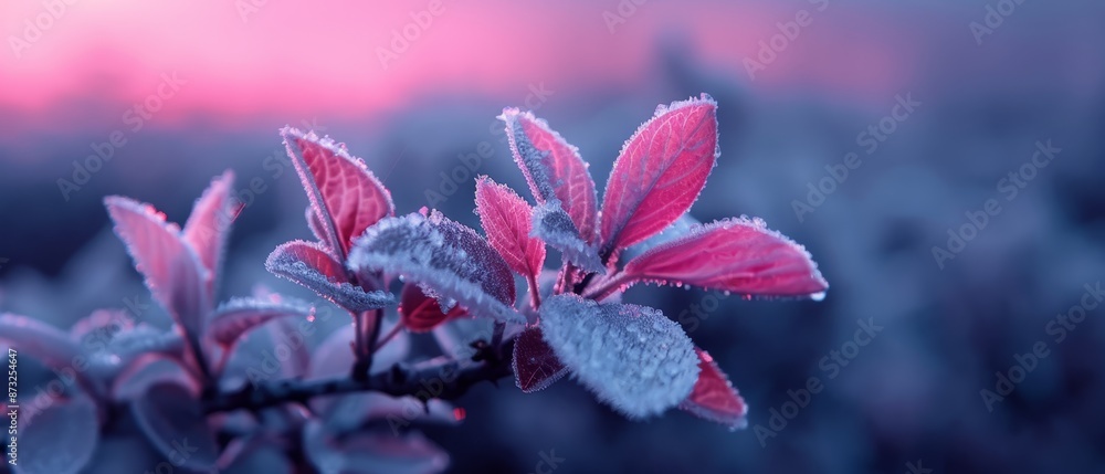A pink flower, tightly framed, blooms on a frost-kissed branch against a backdrop of a rosy sky A pink flower, tightly framed, blooms on a frost-kissed branch against a backdrop of a rosy sky