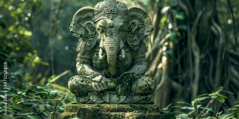 Obraz premium Ancient Stone Ganesha Statue in Lush Green Jungle Setting