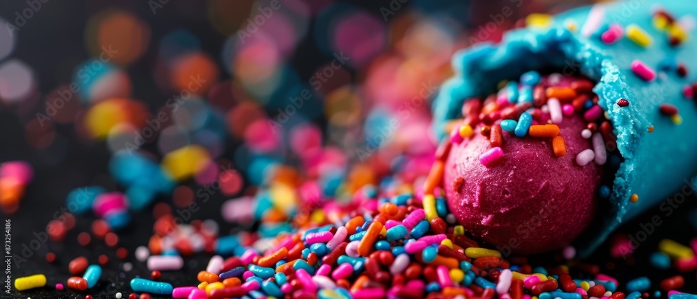 A tight shot of a doughnut, adorned with colorful sprinkles and topped with blue icing and pink frosting A tight shot of a doughnut, adorned with colorful sprinkles and topped with blue icing and pink frosting