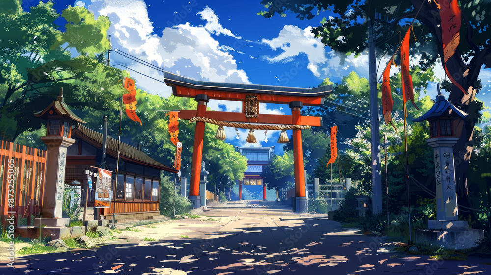 Obraz premium old Japanese village with an orange torii gate and red flags hanging from trees on a sunny day, in a cartoon style, 