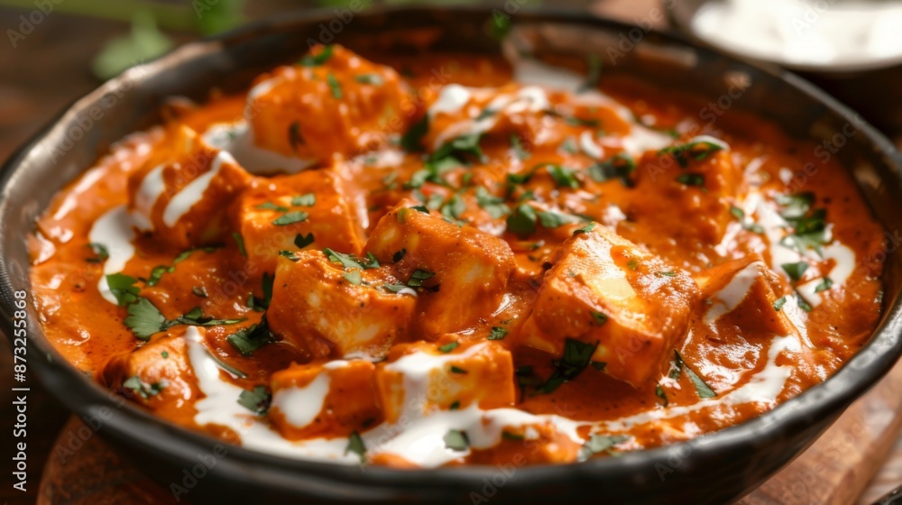 Close-up of a rich and creamy bowl of paneer butter masala with chunks of cottage cheese Close-up of a rich and creamy bowl of paneer butter masala with chunks of cottage cheese
