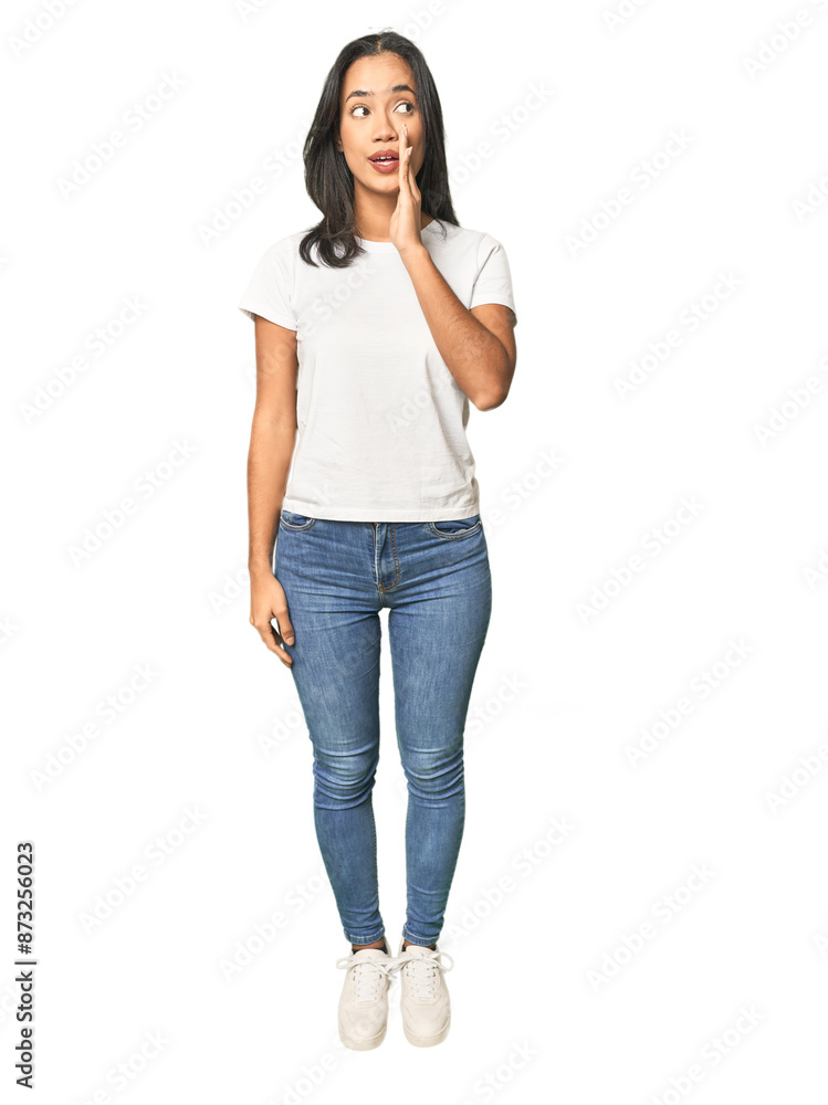 Full body shot of Latina in studio is saying a secret hot braking news and looking aside Full body shot of Latina in studio is saying a secret hot braking news and looking aside