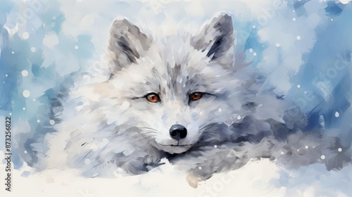 Arctic fox curled up in snow flat design front view blizzard theme watercolor Splitcomplementary color scheme