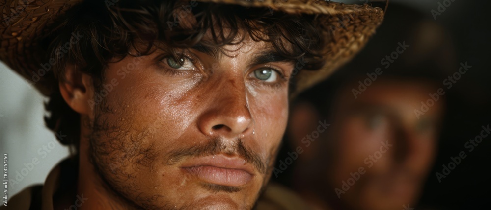 A tight shot of a man in a straw hat gazing intently at the camera with a grave expression A tight shot of a man in a straw hat gazing intently at the camera with a grave expression