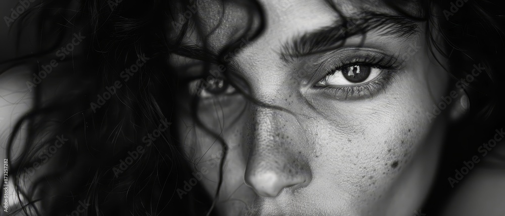 A monochrome image of a woman's face featuring freckled eyebrows and hazel eyes A monochrome image of a woman's face featuring freckled eyebrows and hazel eyes