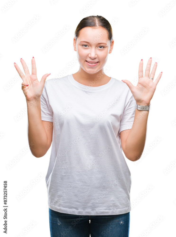 Young beautiful caucasian woman over isolated background showing and pointing up with fingers number nine while smiling confident and happy. Young beautiful caucasian woman over isolated background showing and pointing up with fingers number nine while smiling confident and happy.