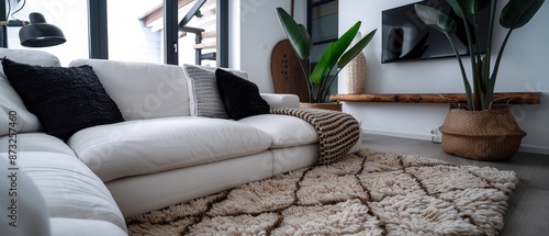  A liveroom features a white sofa and a sizable potted plant in its corner, touching the ground photo