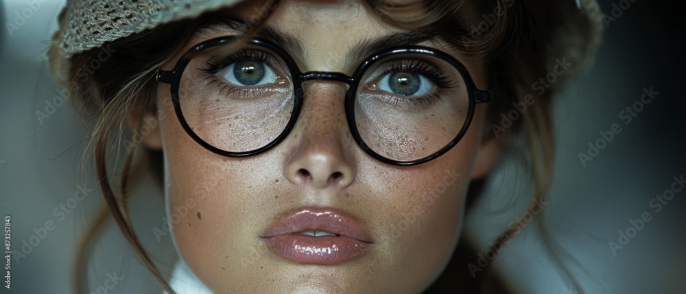 A tight shot of a woman donning a hat and eyeglasses, with freckles dotting her hat's brim A tight shot of a woman donning a hat and eyeglasses, with freckles dotting her hat's brim