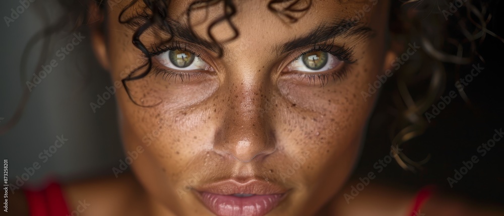 A close-up of a woman's face with freckled skin and freckled eyes A close-up of a woman's face with freckled skin and freckled eyes