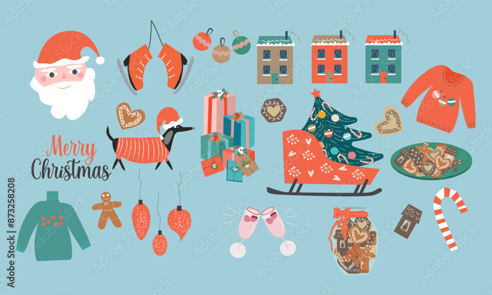 Fototapeta premium Big Christmas set of festive symbols and design elements. Cute flat illustration in hand drawn style on white background.