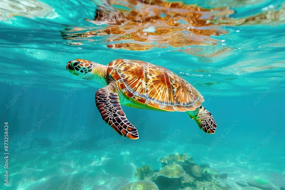Obraz premium majestic sea turtle graceful turtle gliding through crystalclear turquoise waters underwater photography marine life conservation theme