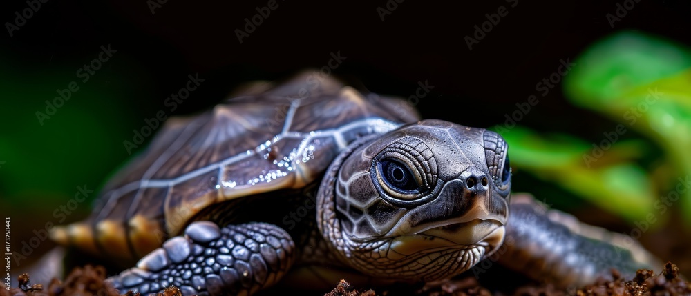 A tight shot of a turtle atop dirty ground Behind it, a solitary plant against a backdrop of absolute blackness A tight shot of a turtle atop dirty ground Behind it, a solitary plant against a backdrop of absolute blackness