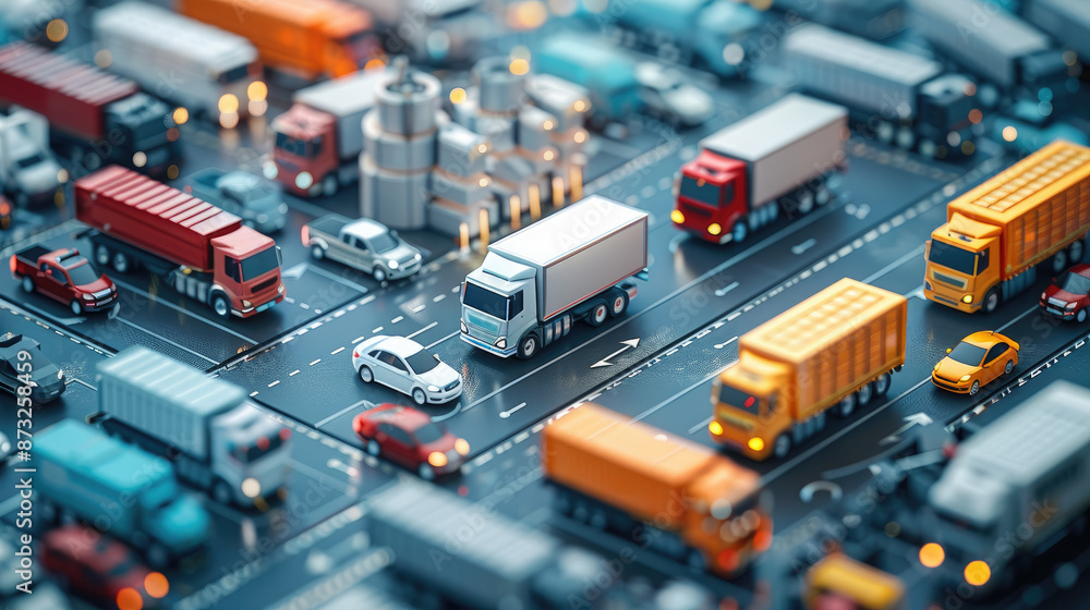 Miniature model of a bustling logistics network with various colorful trucks and vehicles on interconnected roads, showcasing the complexity of transportation and distribution systems. Miniature model of a bustling logistics network with various colorful trucks and vehicles on interconnected roads, showcasing the complexity of transportation and distribution systems.