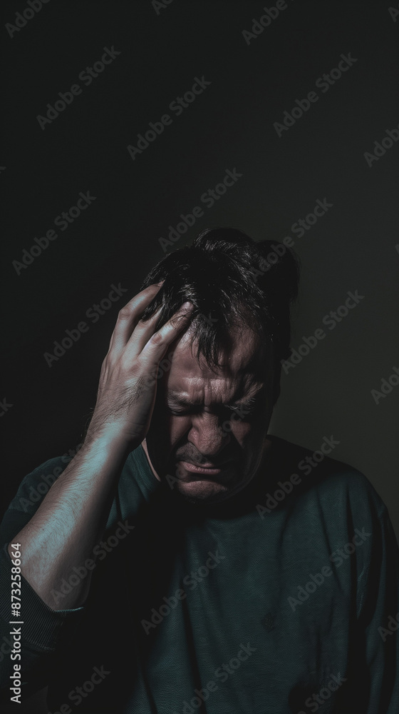 Man covering face in distress, dark background. Man covering face in distress, dark background.
