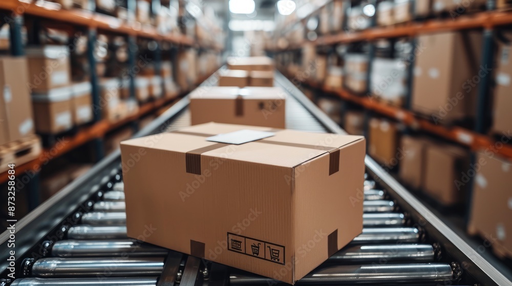 Box is on a conveyor belt in a warehouse. The box is brown and has a label on it Box is on a conveyor belt in a warehouse. The box is brown and has a label on it