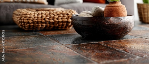  A potted plant atop a wooden bowl upon a stone floor, near a couch photo