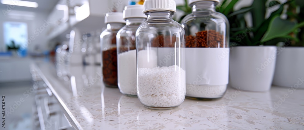 A white counter with numerous glass bottles filled halfway with white substance, adjacent to a potted plant A white counter with numerous glass bottles filled halfway with white substance, adjacent to a potted plant