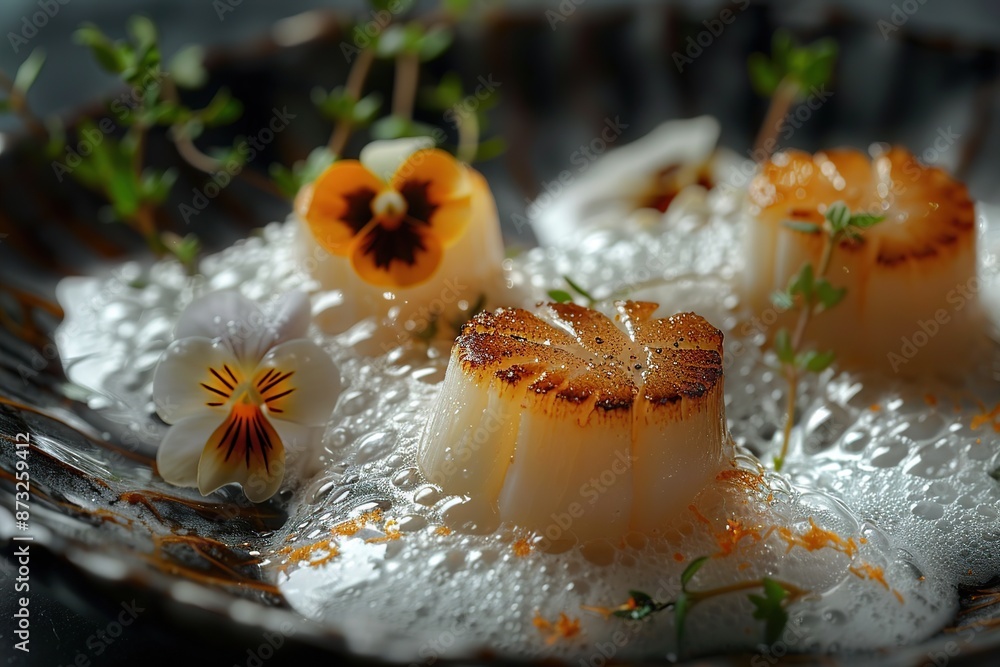 Gourmet Scallop Dish with Edible Flowers and Herbs Gourmet Scallop Dish with Edible Flowers and Herbs