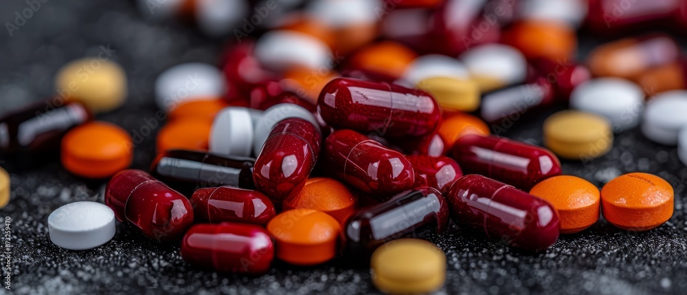 A stack of red and white pills on a black table Nearby, a stack of orange and white pills A stack of red and white pills on a black table Nearby, a stack of orange and white pills