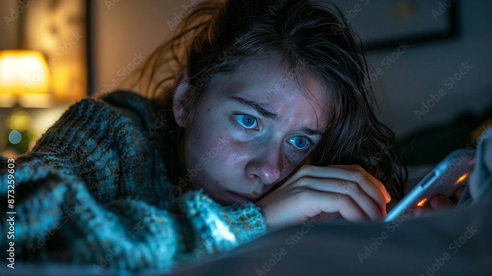 Stress News Concept. Stressed Young Woman in Sweater Lying on Bed, Staring Intently at Smartphone, Blue Light from Screen Reflecting on Face, Intense Emotional Expression, Nighttime Indoors Stress News Concept. Stressed Young Woman in Sweater Lying on Bed, Staring Intently at Smartphone, Blue Light from Screen Reflecting on Face, Intense Emotional Expression, Nighttime Indoors