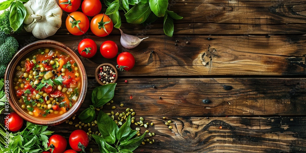Fresh vegetables and herbs on wooden table Fresh vegetables and herbs on wooden table