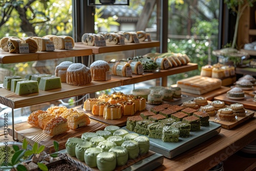 Plated assortment of matcha sweets: matcha cakes, matcha tarts, and matcha pastries, captured in a matcha cafe. Matcha dessert, Matcha sweets, matcha candy