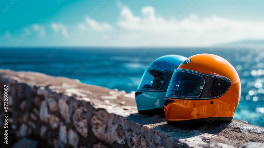 Two motorcycle helmets resting on wall with sea on background sunny day time with blue sky. Summer motorbike vacation. Two motorcycle helmets resting on wall with sea on background sunny day time with blue sky. Summer motorbike vacation.