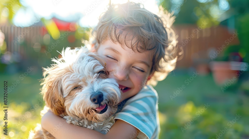 Happy kid hugging a pet, close up, love and companionship, ethereal, manipulation, backyard garden backdrop Happy kid hugging a pet, close up, love and companionship, ethereal, manipulation, backyard garden backdrop