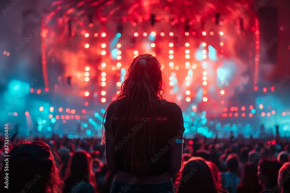 Back view of young woman at a vibrant concert with colorful lights Back view of young woman at a vibrant concert with colorful lights