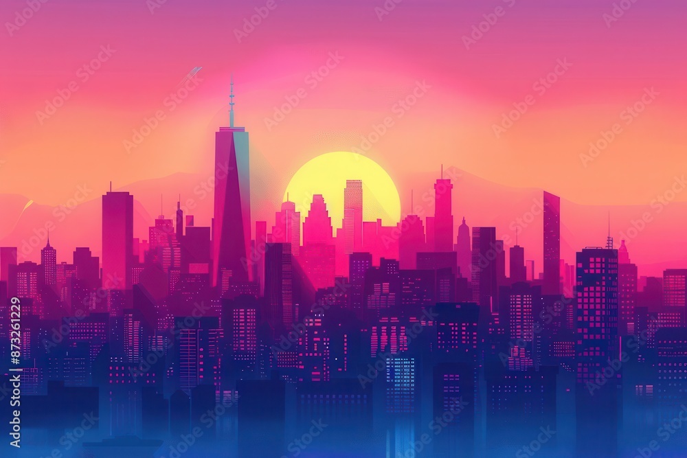Fototapeta premium minimalist sunrise cityscape with vibrant colors urban skyline vector illustration