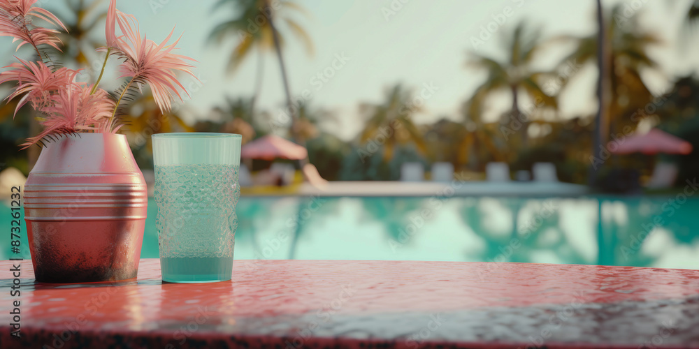 Tropical Poolside Relaxation with Palm Trees and Refreshing Drink at Sunset Tropical Poolside Relaxation with Palm Trees and Refreshing Drink at Sunset
