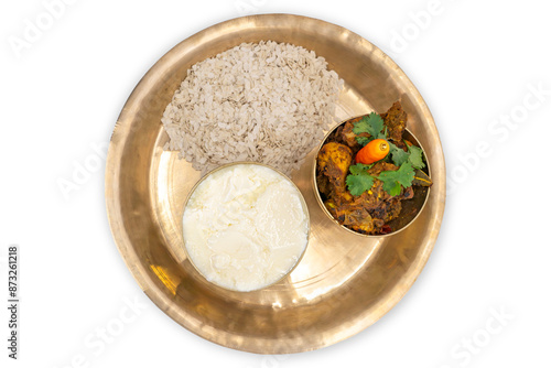 Dashain Festival Feast Masu Chiura Nepal Meat, Rice Flakes, Curd served for lunch . Delicious Nepali Cuisine photo