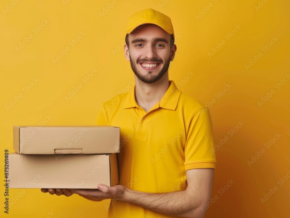 A smiling delivery man in a yellow uniform holds a package against a yellow background, ready for delivery. With copy space for text. A smiling delivery man in a yellow uniform holds a package against a yellow background, ready for delivery. With copy space for text.