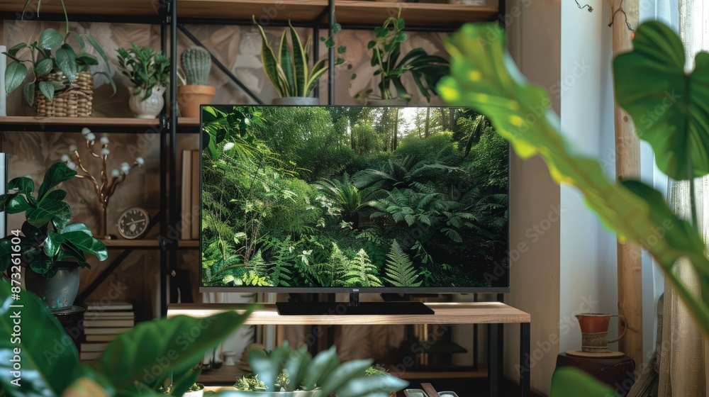 Flat screen television showcasing nature scenery on wood shelving Flat screen television showcasing nature scenery on wood shelving