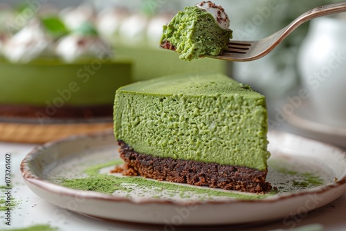 A slice of Matcha Cheesecake on a dessert fork. Matcha Cheesecake, Green matcha cheesecake, Cheesecake green matcha tea, Green tea cheesecake, green tea cheese cake, Matcha baked cheese cake