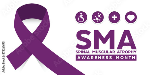 National SMA Awareness Month. Purple ribbon, people icon and more. Great for cards, banners, posters, social media and more. White background.