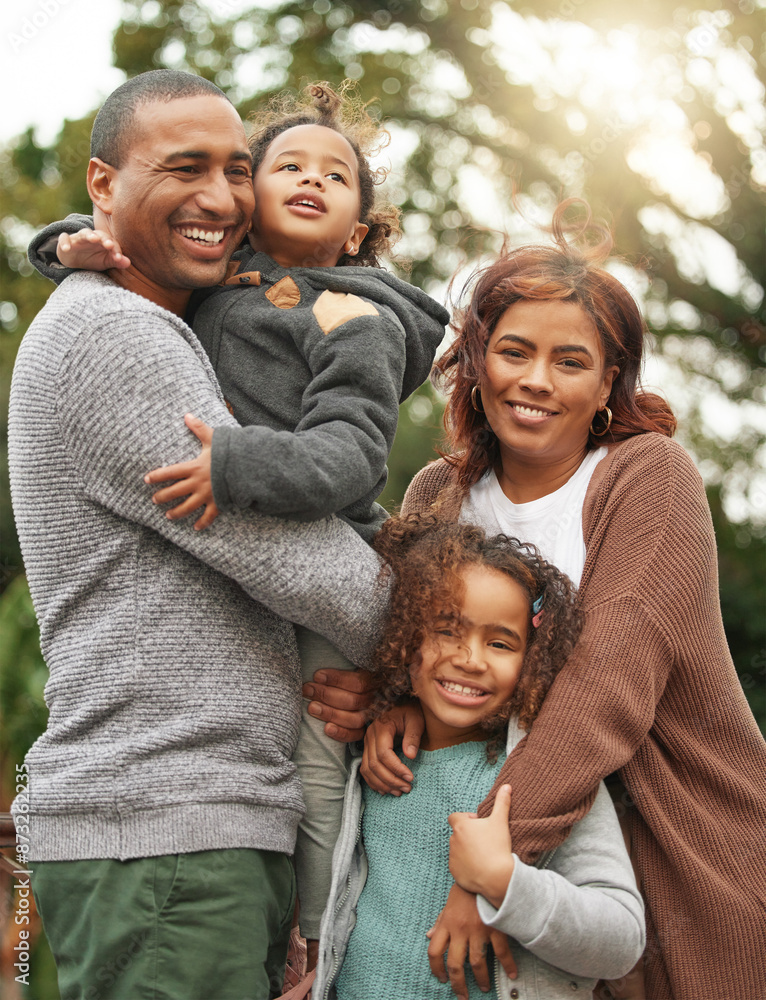 Parents, children and hug or portrait in outdoor, relax together and affection for love in nature. Family, kids and embrace for security in relationship, happiness and bonding for support in backyard Parents, children and hug or portrait in outdoor, relax together and affection for love in nature. Family, kids and embrace for security in relationship, happiness and bonding for support in backyard