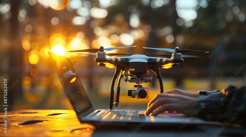 High-tech engineer programming drone outdoors, close-up hands on laptop with drone in background High-tech engineer programming drone outdoors, close-up hands on laptop with drone in background