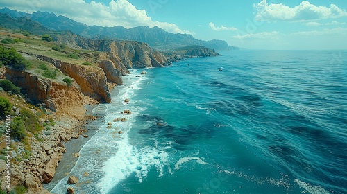 Seaside cliffs and crashing waves, capturing the raw power of the ocean. , Minimalism,