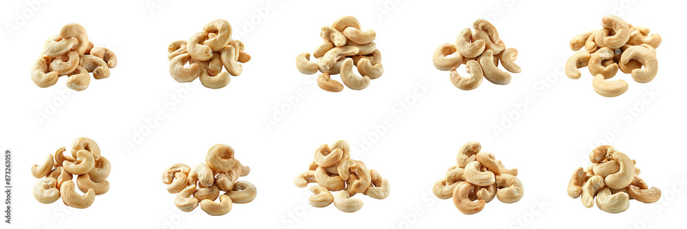 Set of Cashew nuts being roasted on a stovetop with a wooden spatula stirring them isolated on a transparent background Set of Cashew nuts being roasted on a stovetop with a wooden spatula stirring them isolated on a transparent background